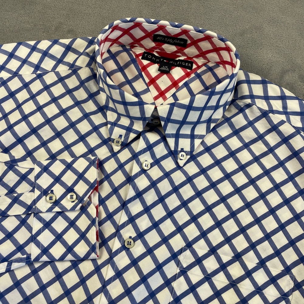 Y2K Tommy Hilfiger Blue White Tattersall Check Button Down Shirt L 80s‎ 2-Ply